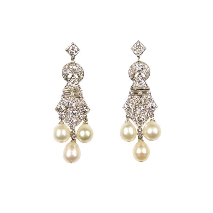Pair of diamond and pearl triple drop pendant earrings of geometric design